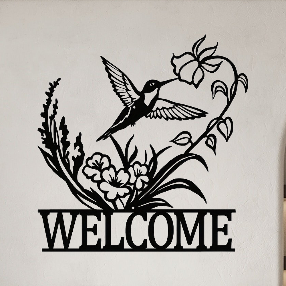 Vintage hummingbird metal wall art welcome sign, handcrafted