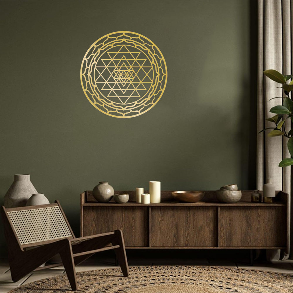Yantra mandala wall art styled in a living room