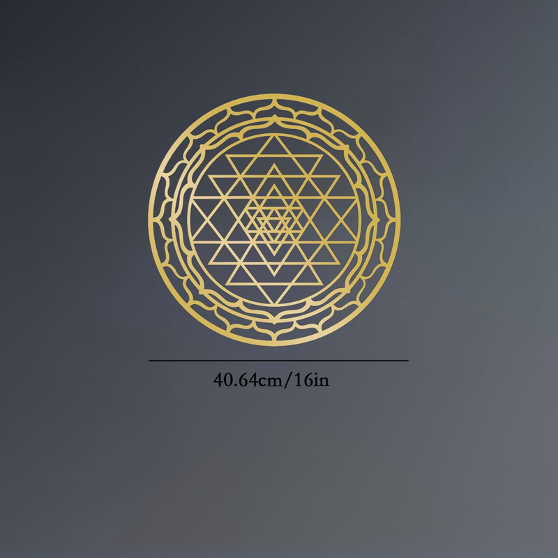 Close view of the hand-cut metal Sri Yantra triangles and lotus ring